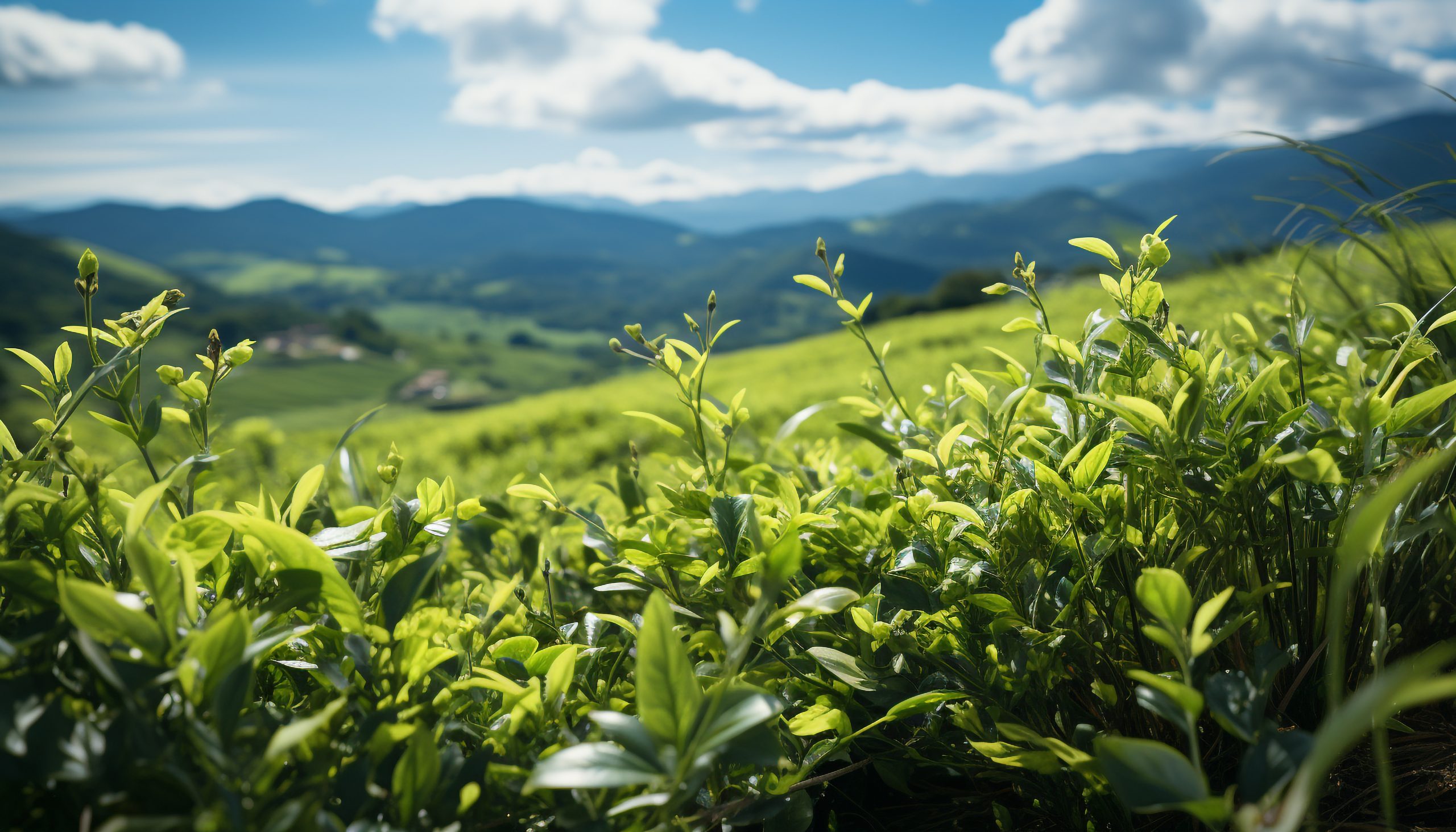 Green meadow, mountain peak, tea crop, tranquil scene generated by AI